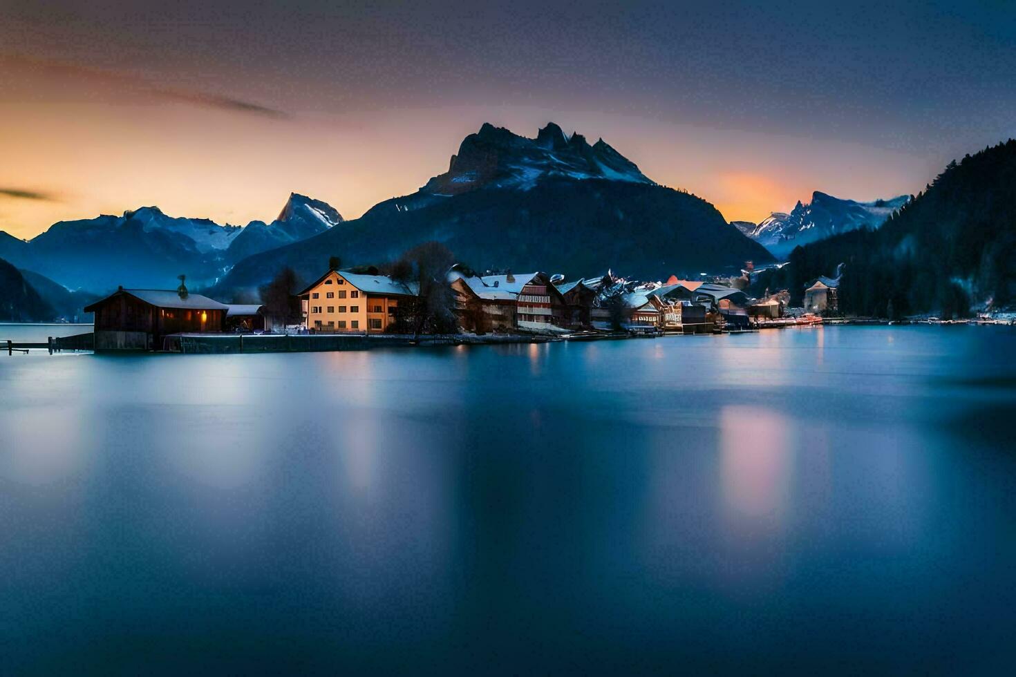 un lago y montañas a puesta de sol con un pueblo en el antecedentes. generado por ai foto