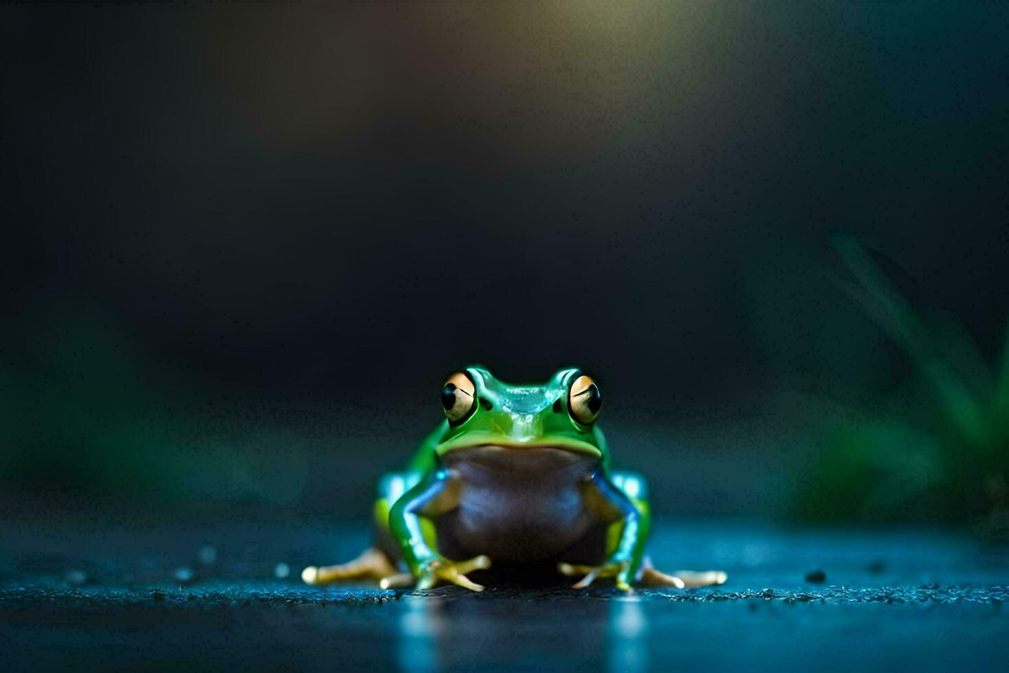 a frog sitting on the ground in the dark. AI-Generated photo