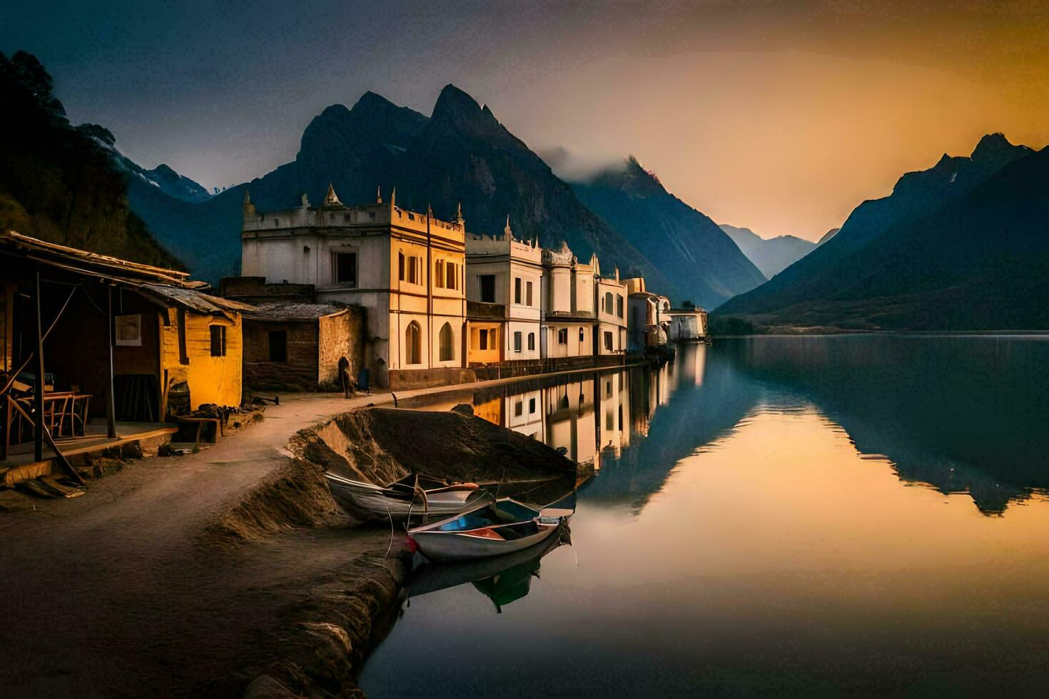 a lake in front of a mountain with houses. AI-Generated photo