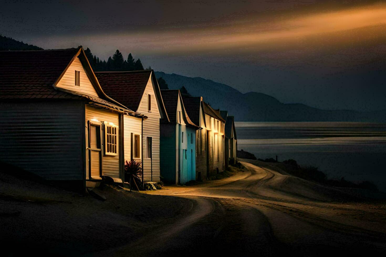 a road leading to a row of houses on the beach. AI-Generated photo