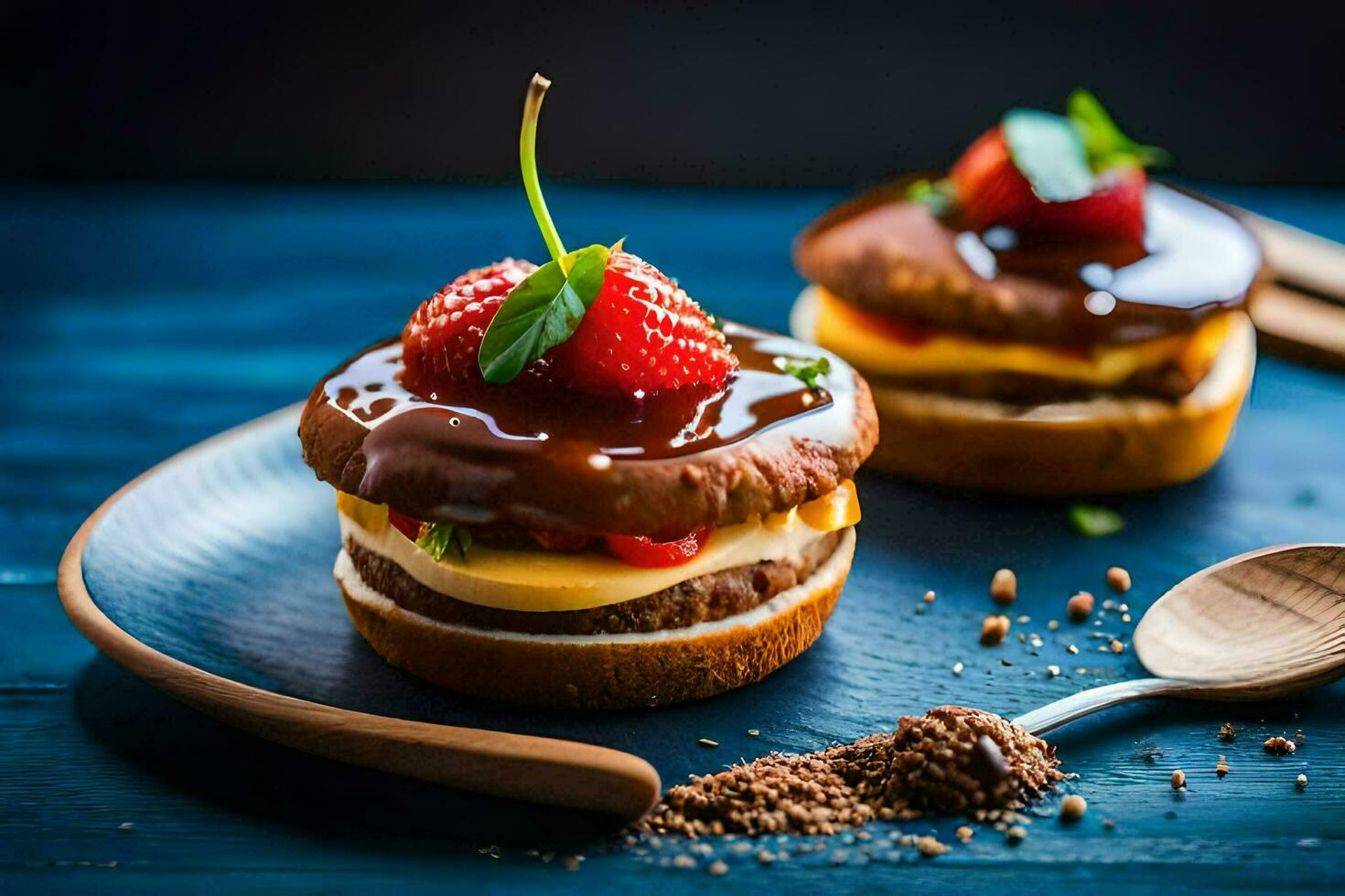 two hamburgers with strawberries on top. AI-Generated photo