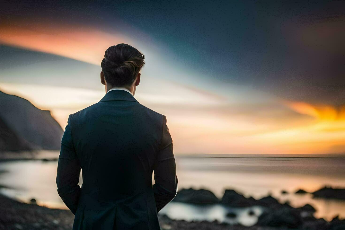 a man in a suit stands by the ocean at sunset. AI-Generated photo