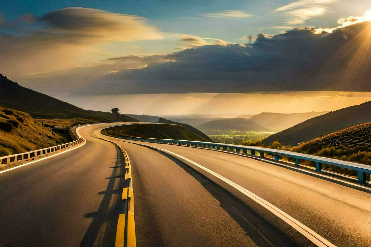 a long road with the sun shining through the clouds. AI-Generated photo