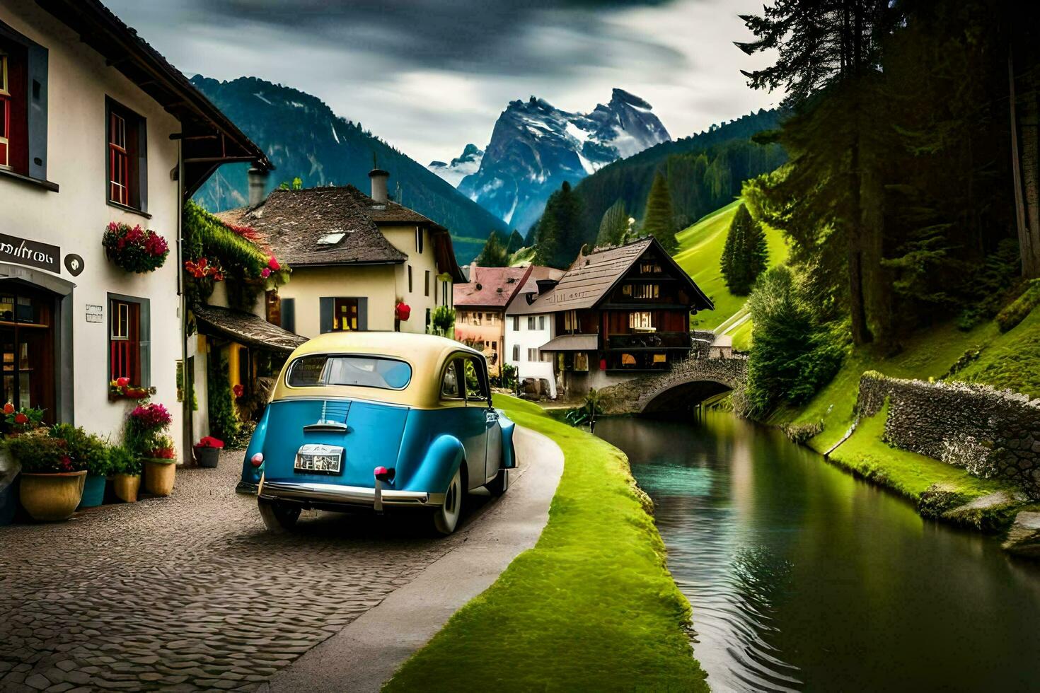 a car is parked on the side of a road next to a river. AI-Generated photo