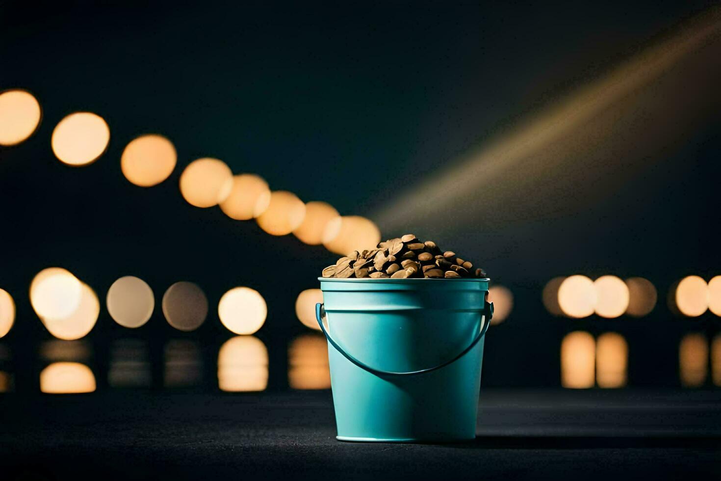 a bucket of dog food on a table in front of a blurred background. AI-Generated photo