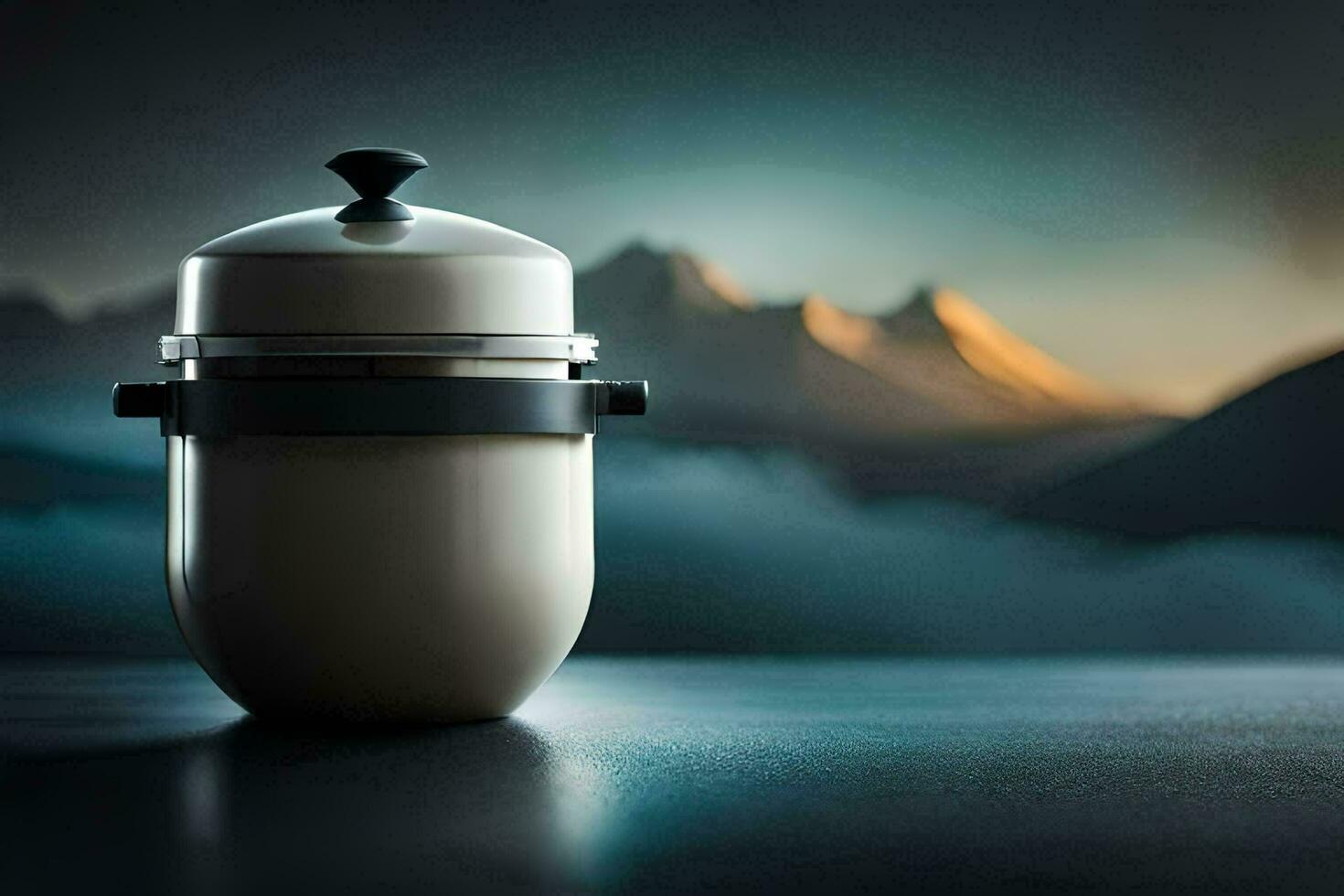 a white coffee pot sitting on a table with mountains in the background. AI-Generated photo