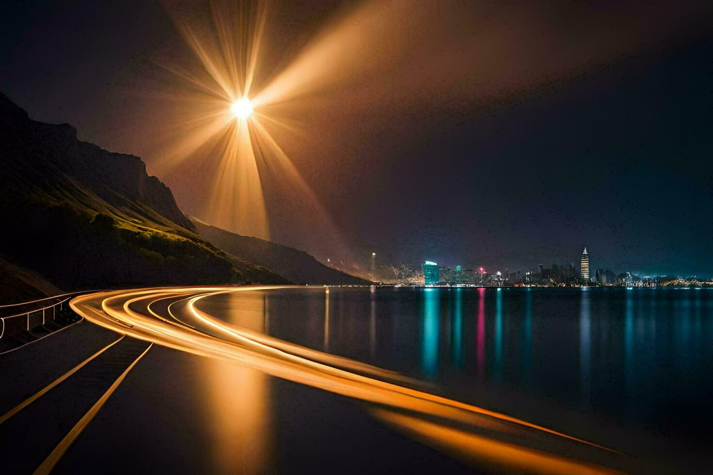 a long exposure photo of a city at night with a light shining on the water. AI-Generated