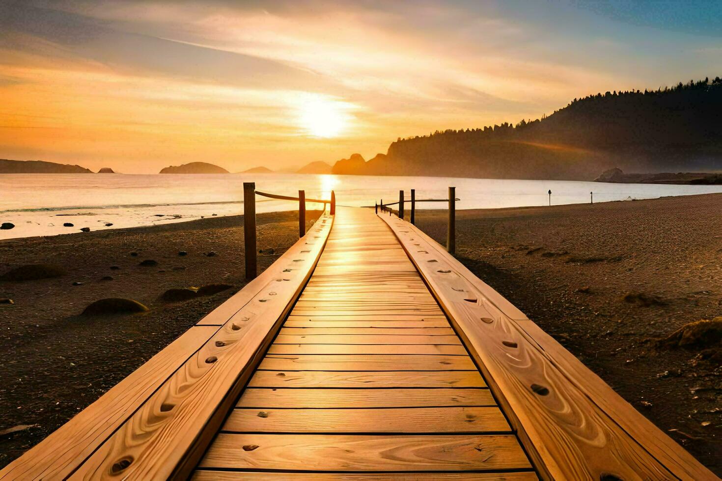 a wooden walkway leads to the beach at sunset. AI-Generated photo