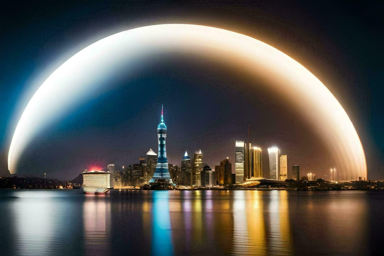 the moon is reflected in the water as it shines over the city. AI-Generated photo