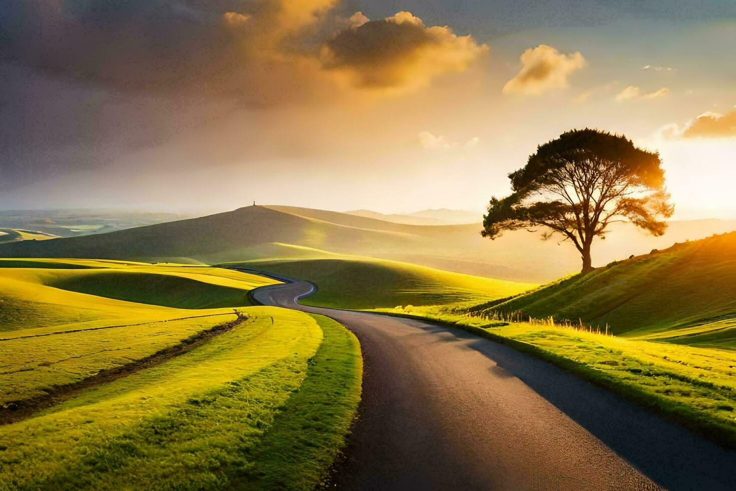 un la carretera devanado mediante el colinas con un solitario árbol. generado por ai foto