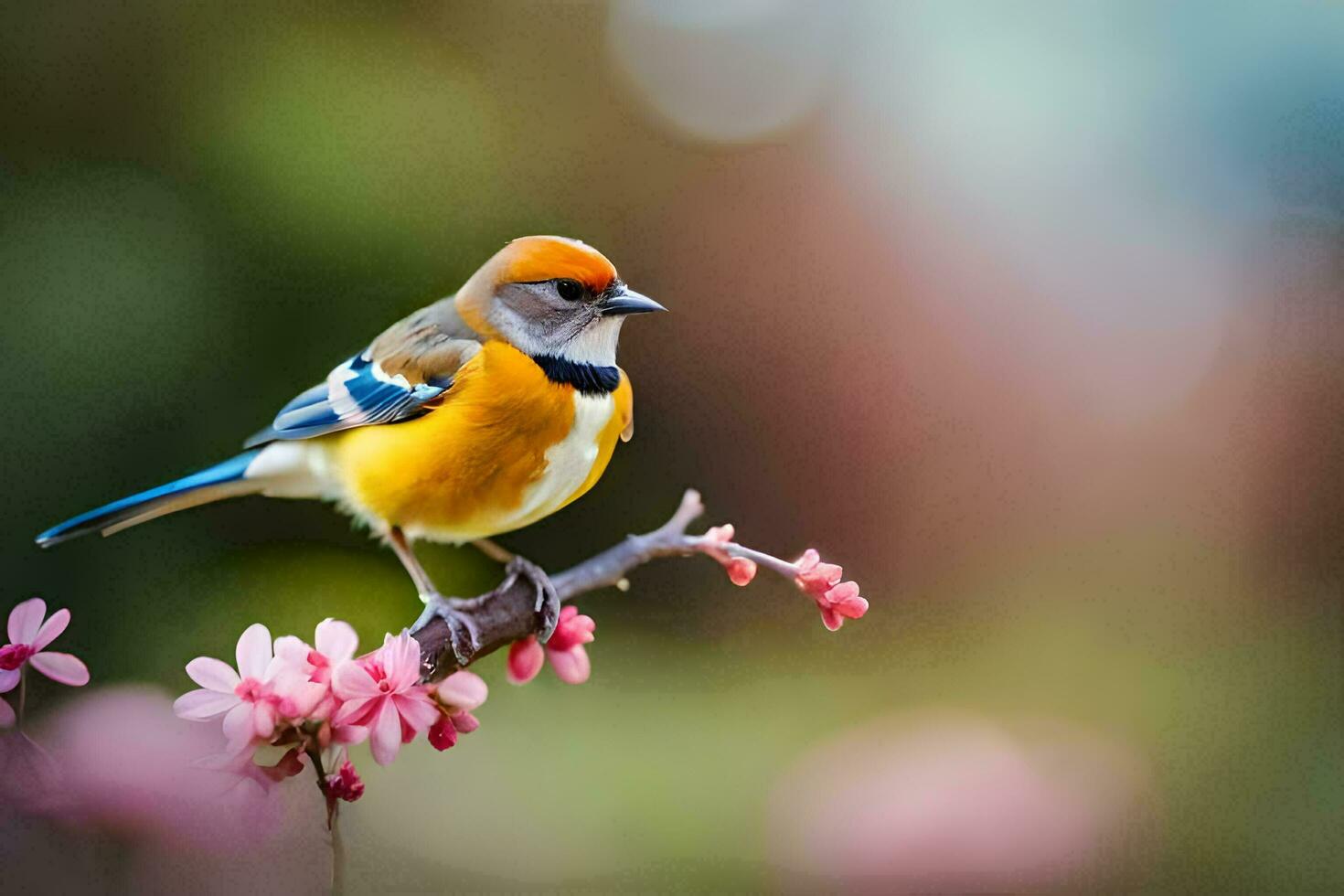 a bird sitting on a branch with pink flowers. AI-Generated photo