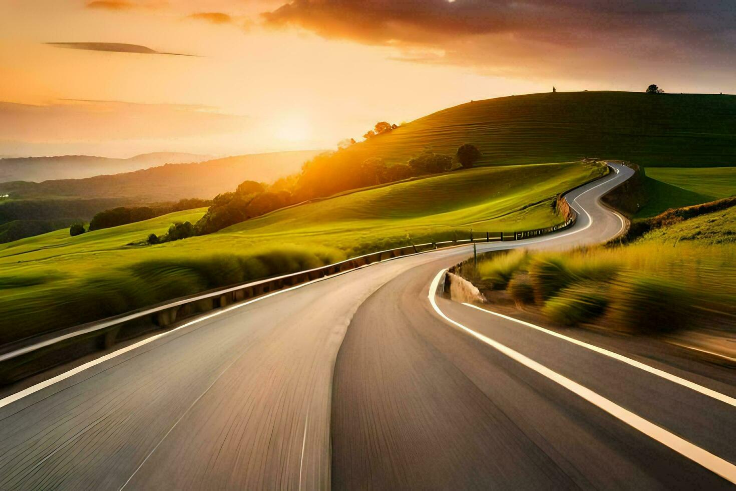 a winding road in the countryside with a sunset. AI-Generated photo