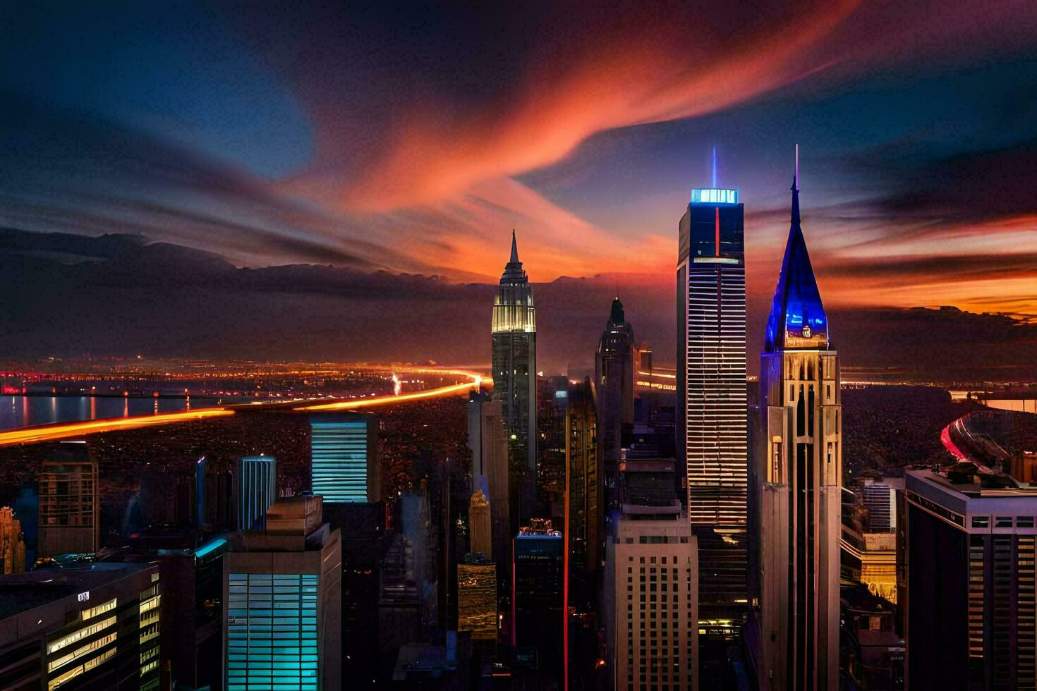 the city skyline at sunset with colorful clouds. AI-Generated photo