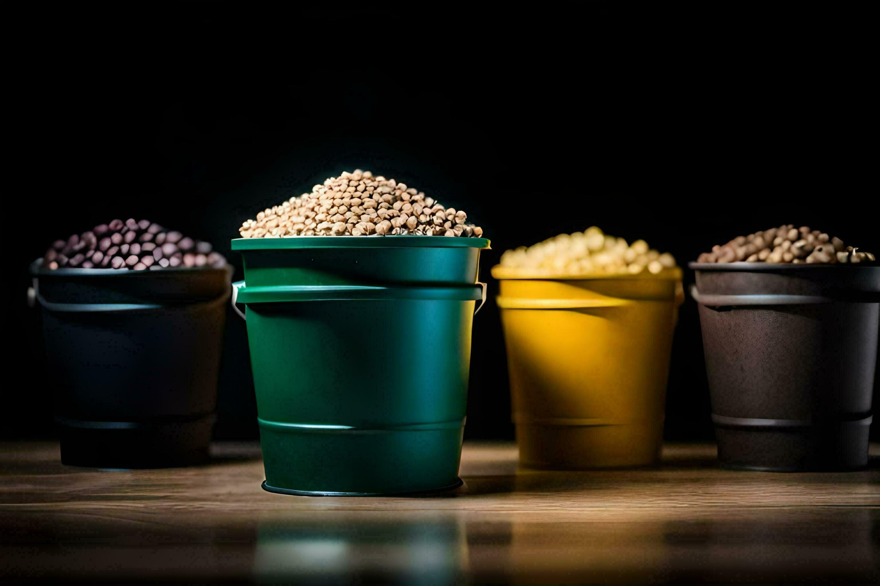 a group of four buckets filled with different types of beans. AI
