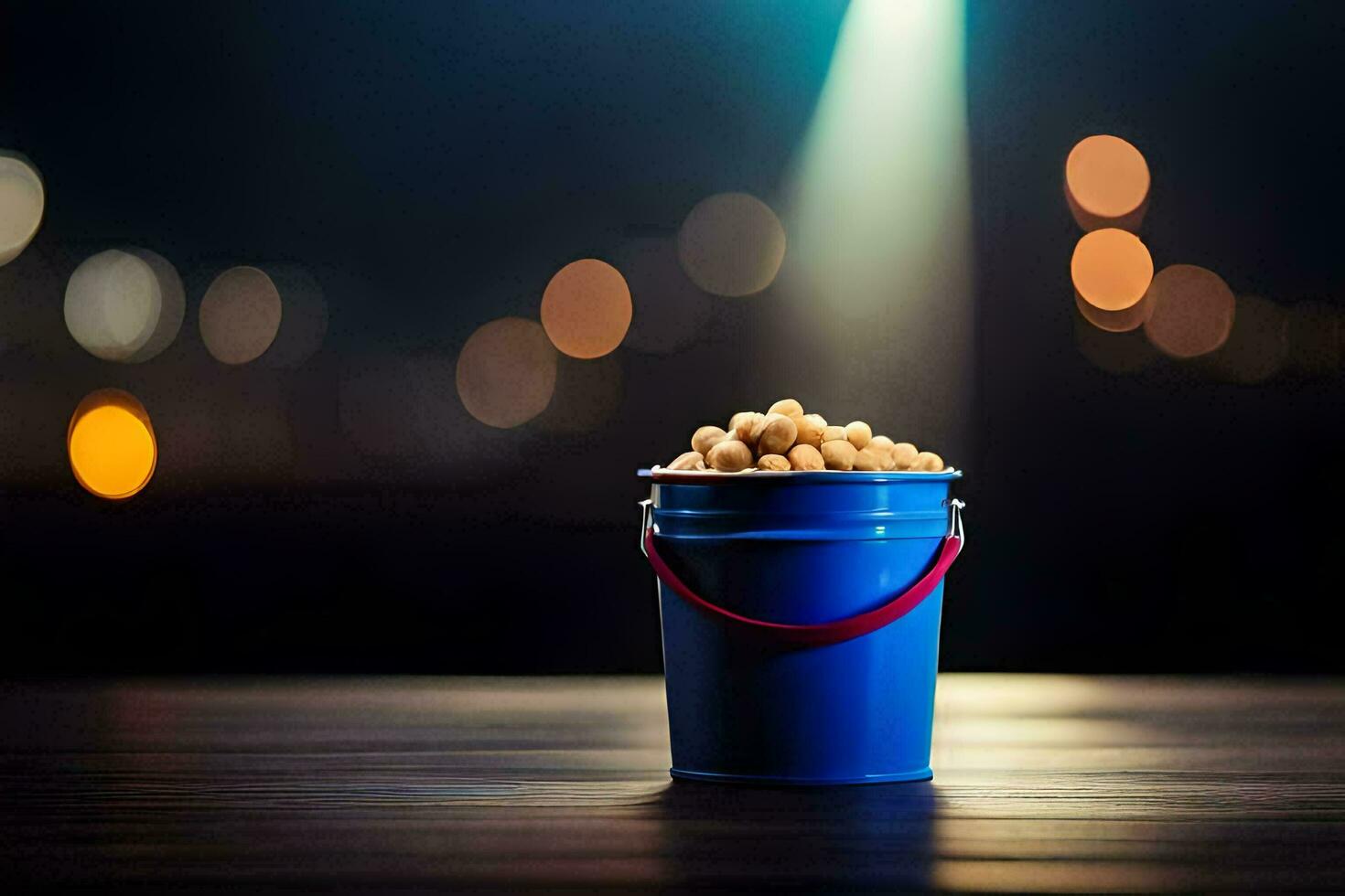 a blue bucket with popcorn on a wooden table. AI-Generated photo