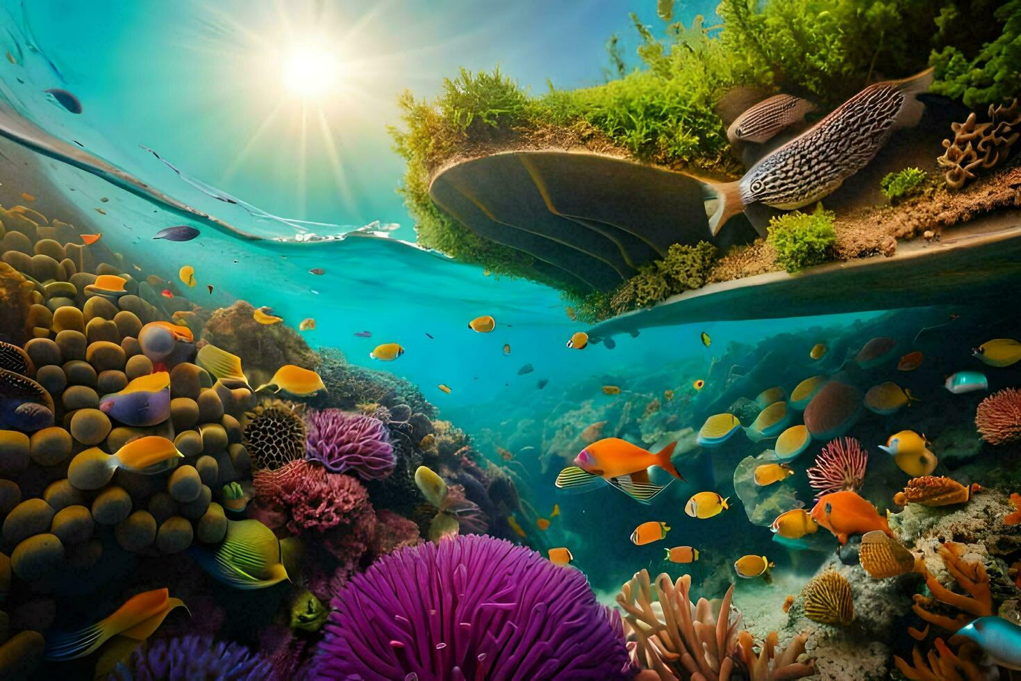 submarino escena con coral arrecife y pez. generado por ai foto