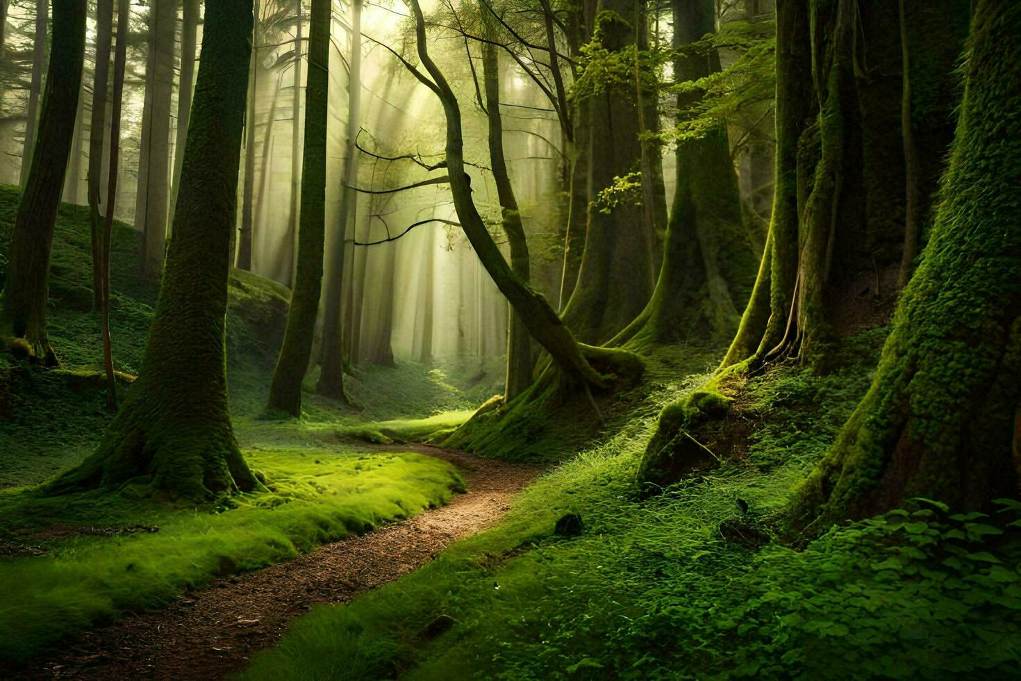 un camino mediante un verde bosque con arboles y musgo. generado por ai foto