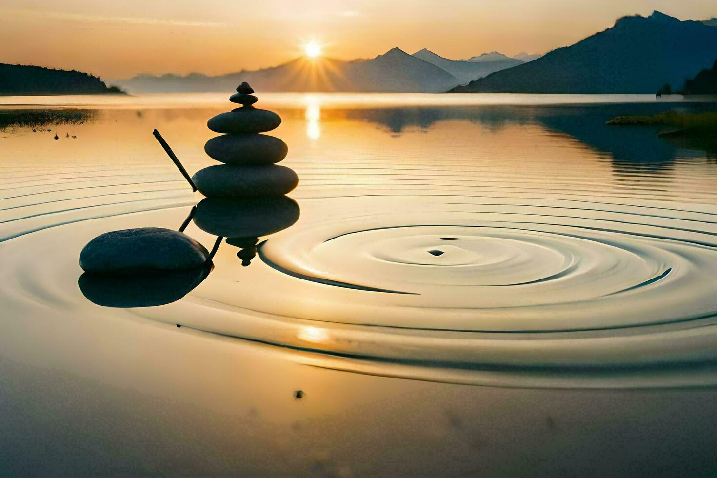 a stack of stones in the water at sunset. AI-Generated photo