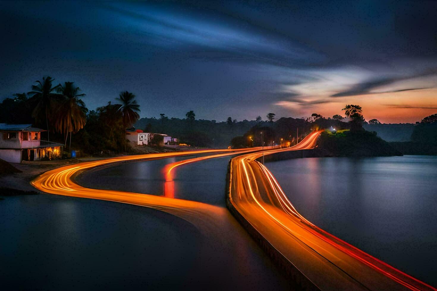 a long exposure photograph of a road and water at sunset. AI-Generated photo