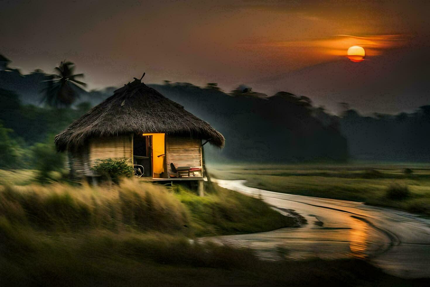 a hut sits on the side of a road at sunset. AI-Generated photo