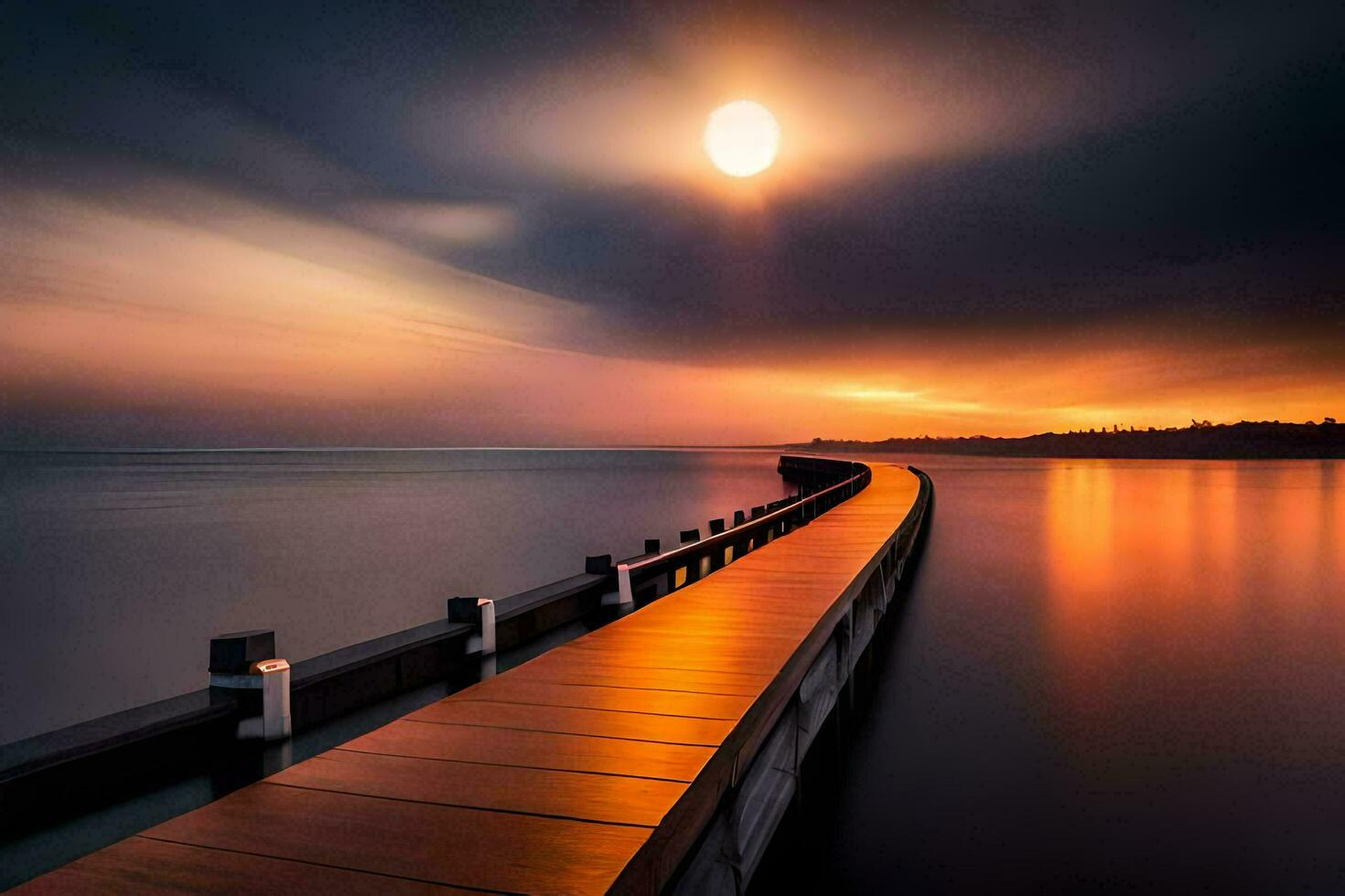a long wooden pier with a sun setting over the water. AI-Generated photo