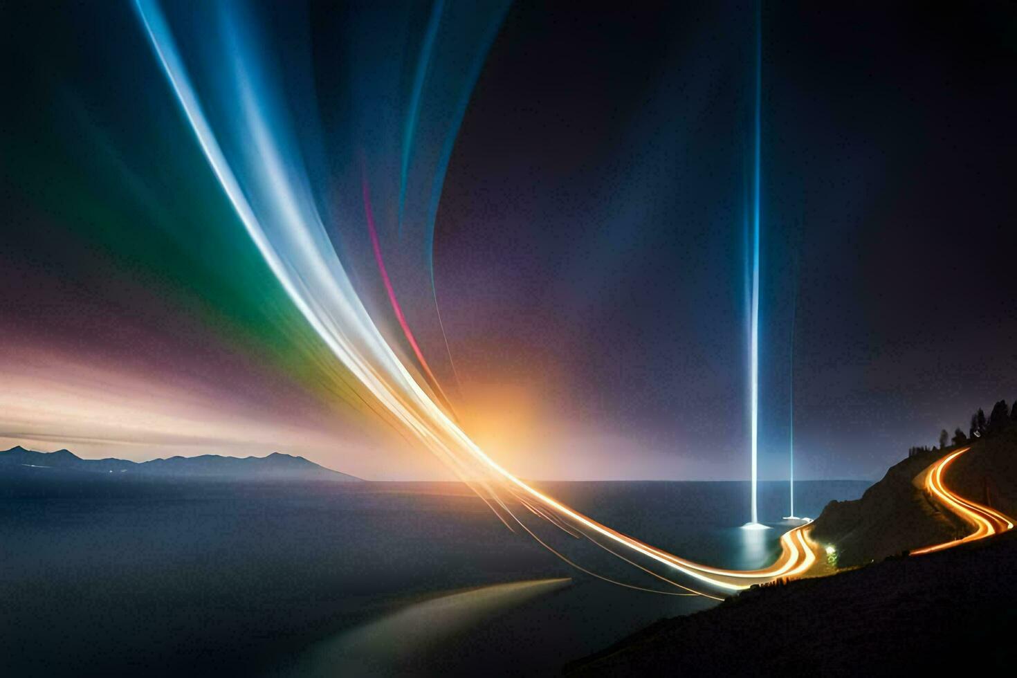 a long exposure photograph of a road and a light trail. AI-Generated photo