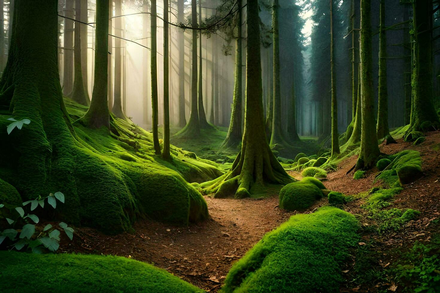a path through a forest with mossy trees. AI-Generated photo
