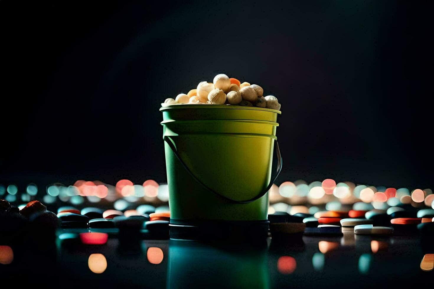 a bucket filled with popcorn on a table. AI-Generated photo