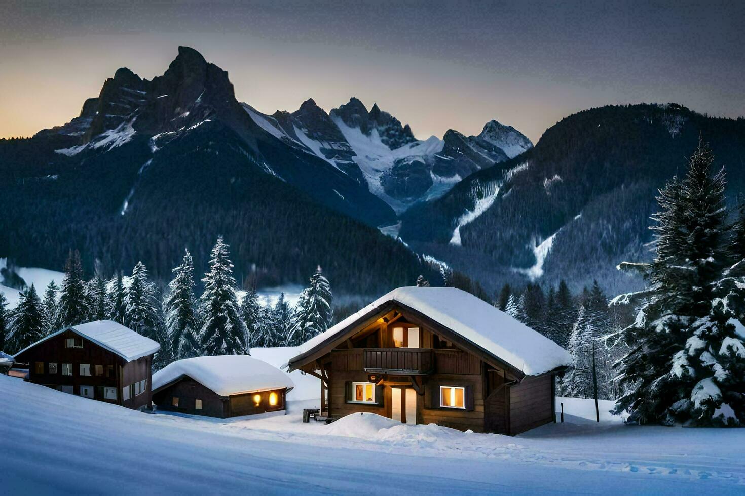 un cabina en el montañas a oscuridad. generado por ai foto