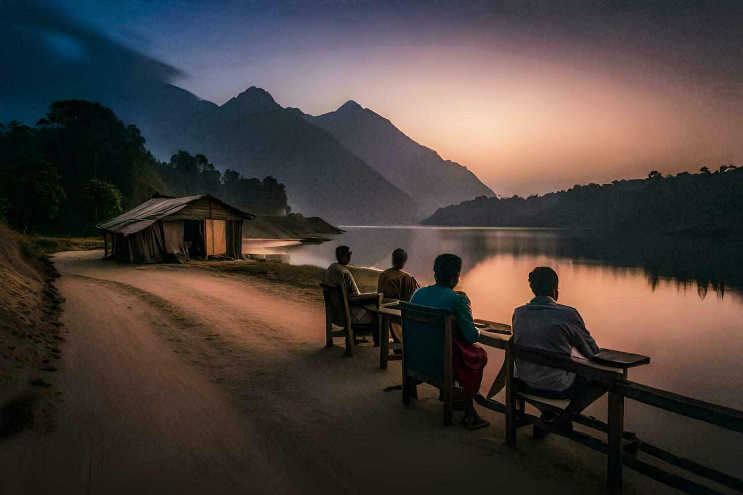 Tres personas sentado en bancos cerca un lago. generado por ai foto