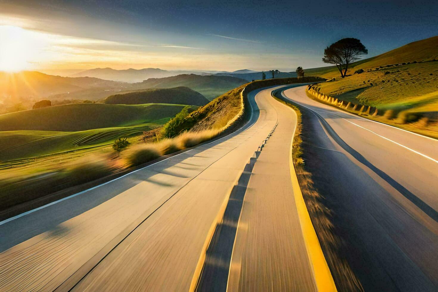 a winding road in the countryside at sunset. AI-Generated photo