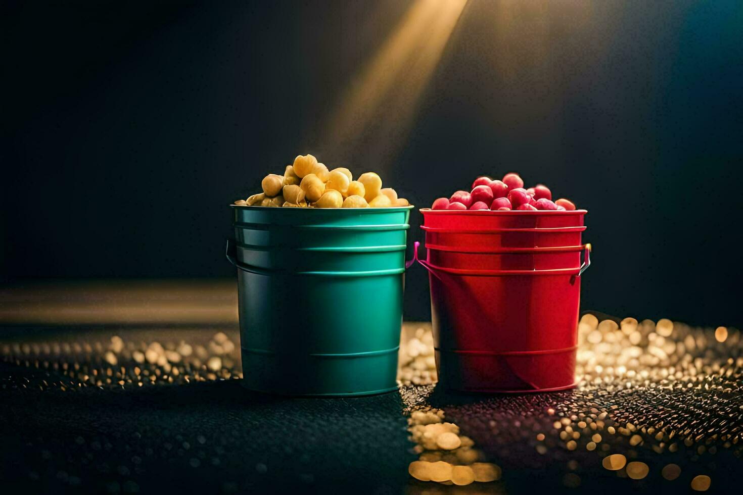 two buckets of popcorn on a dark background. AI-Generated photo