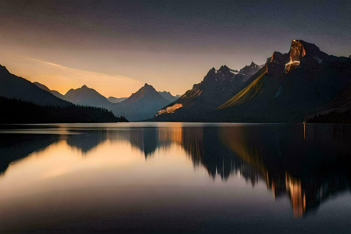 the mountains are reflected in the water at sunset. AI-Generated photo