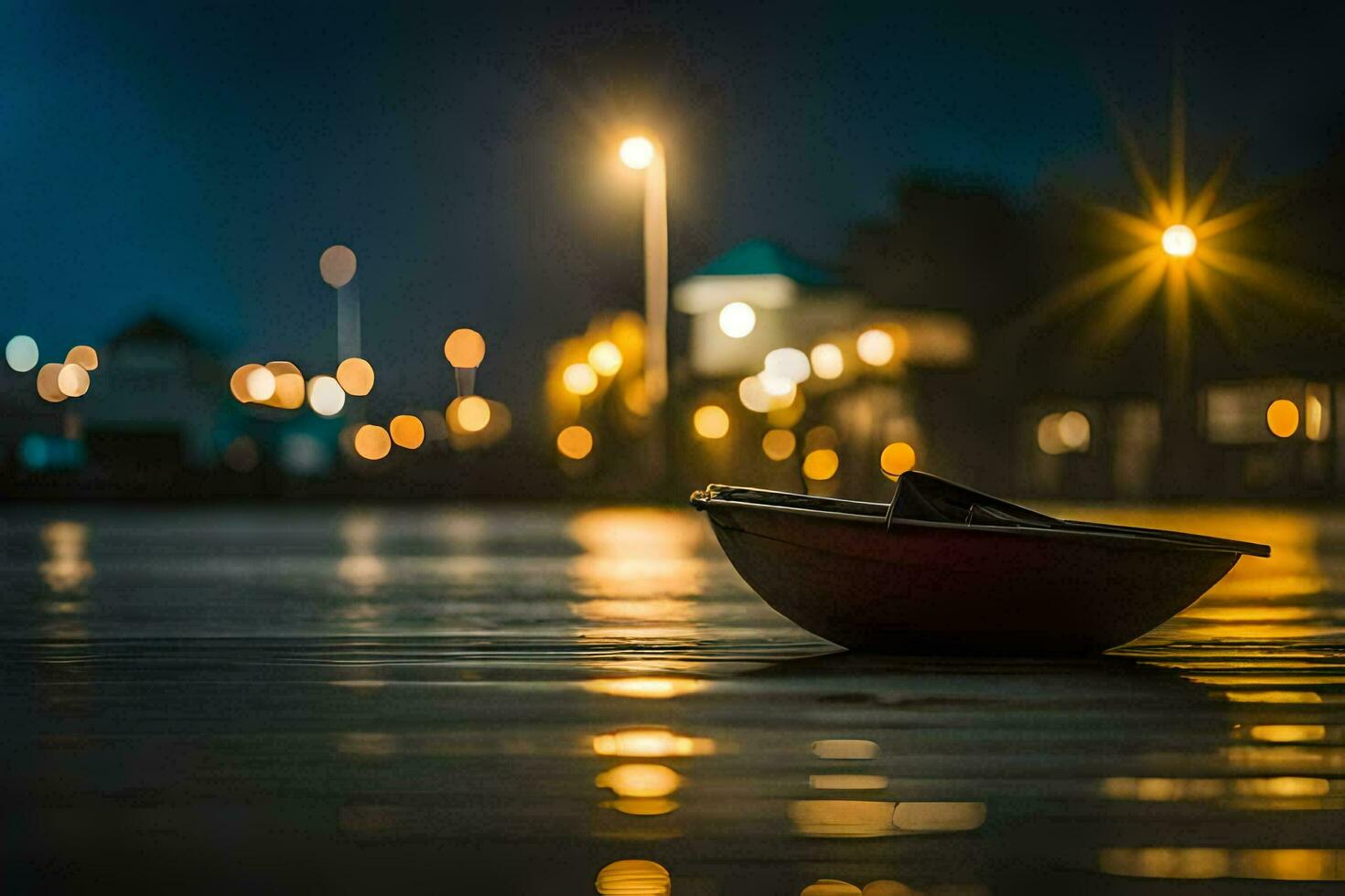 a boat sits on the water at night. AI-Generated photo