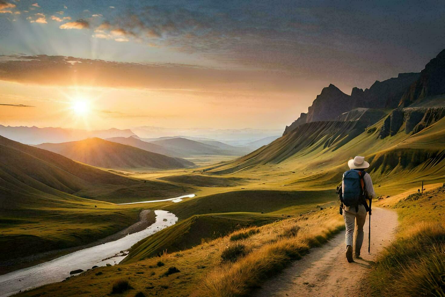 a man with backpack walks on a path in the mountains. AI-Generated photo
