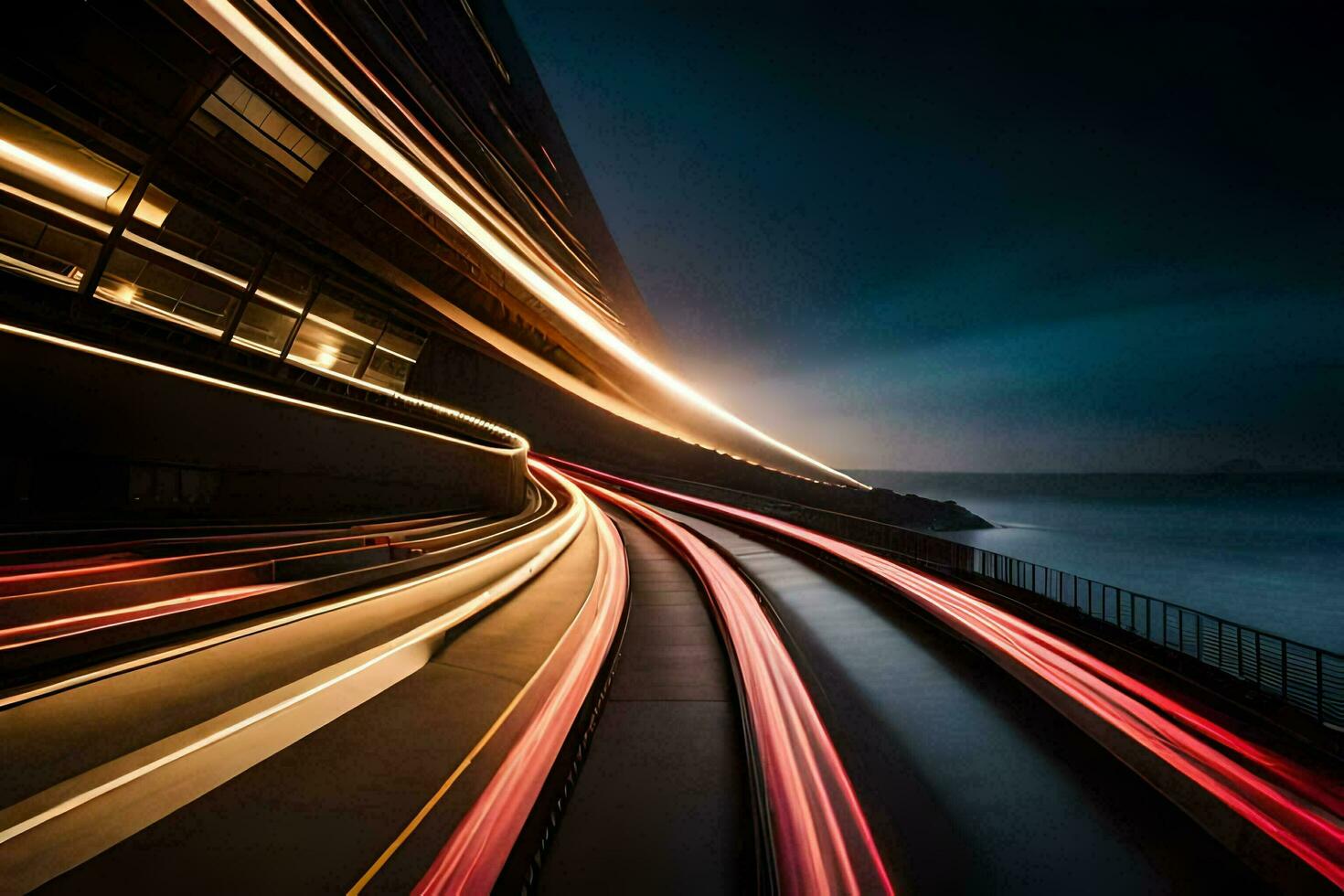 a long exposure photograph of a car driving on a highway. AI-Generated photo