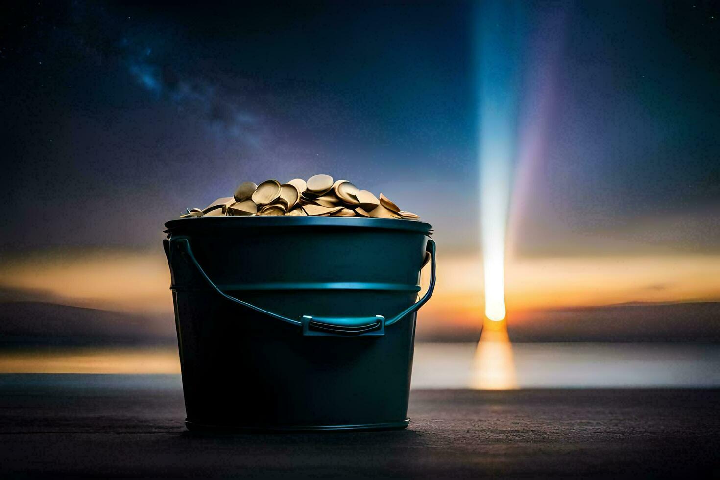 a bucket full of gold coins on the beach. AI-Generated photo