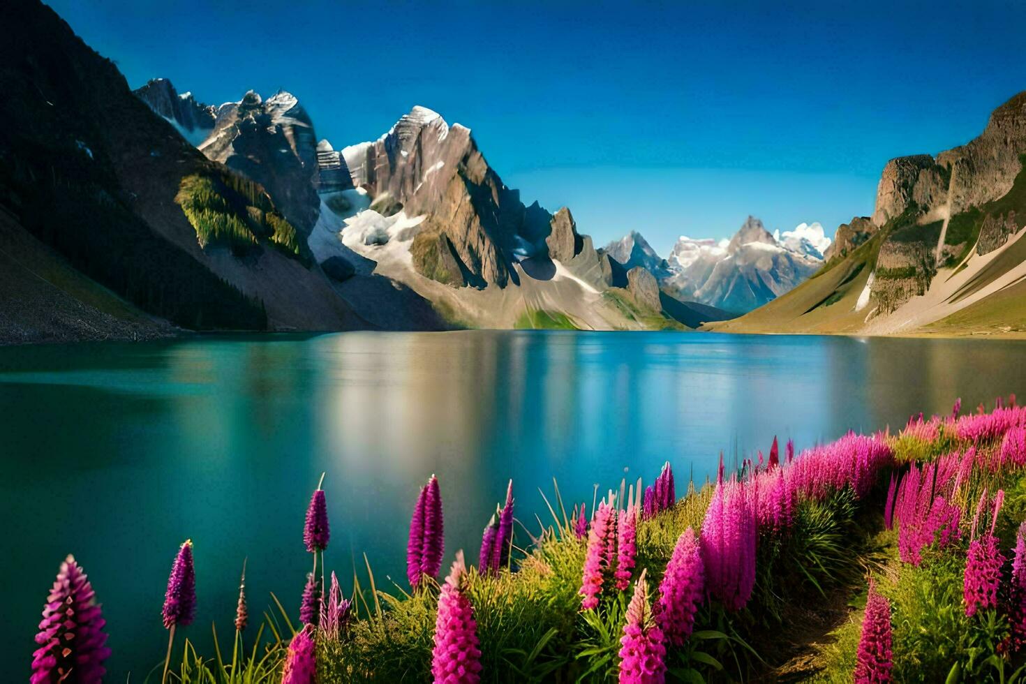 the lake is surrounded by mountains and flowers. AI-Generated photo