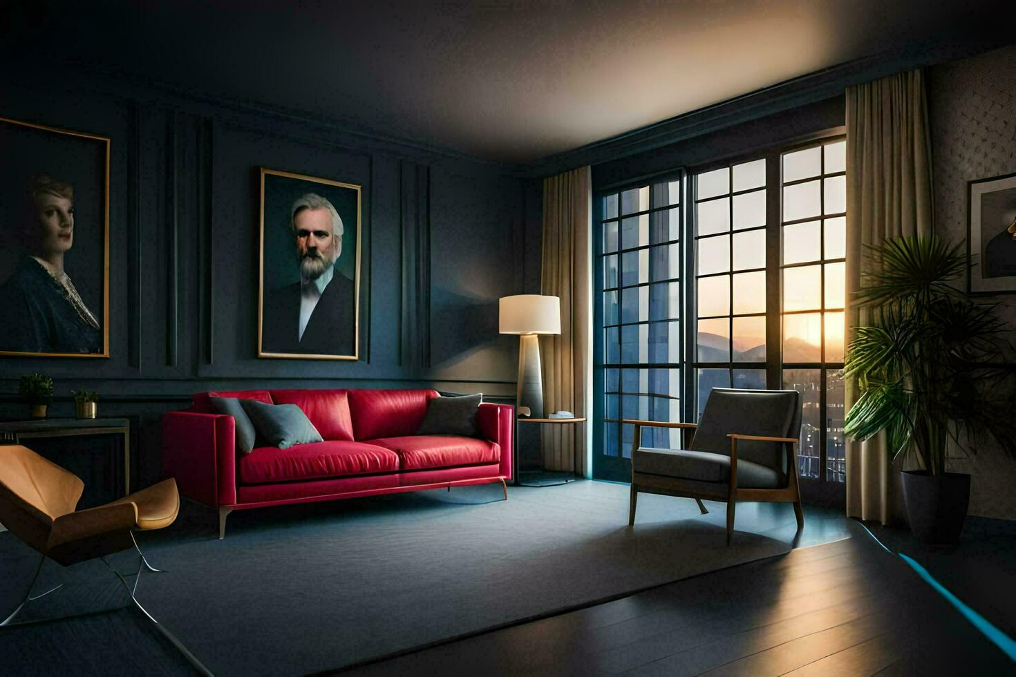 a living room with a red couch and a painting on the wall. AI-Generated photo