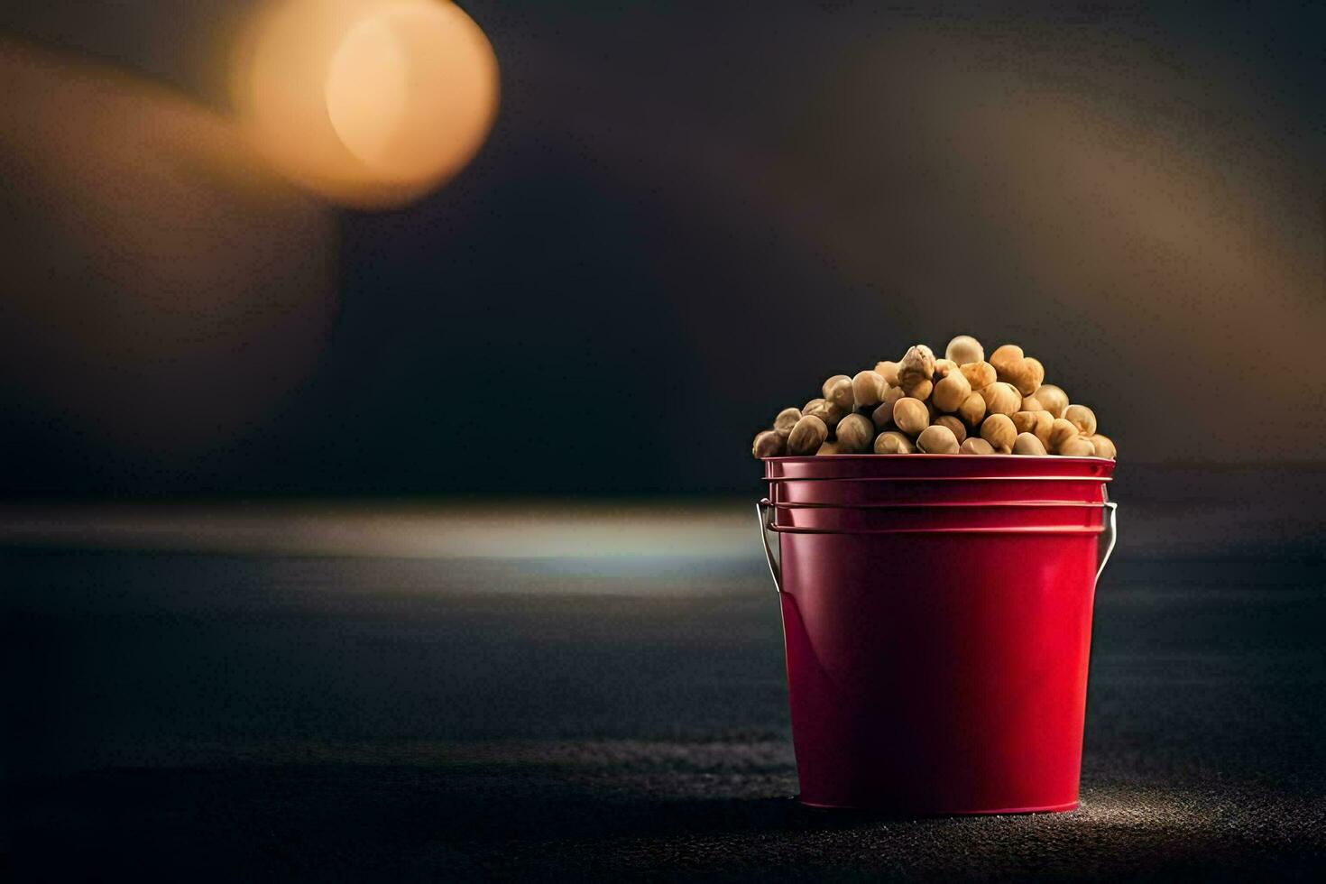 a red bucket filled with peanuts on a dark background. AI-Generated photo