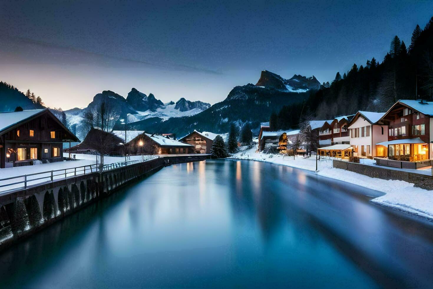 un río carreras mediante un Nevado pueblo a noche. generado por ai foto