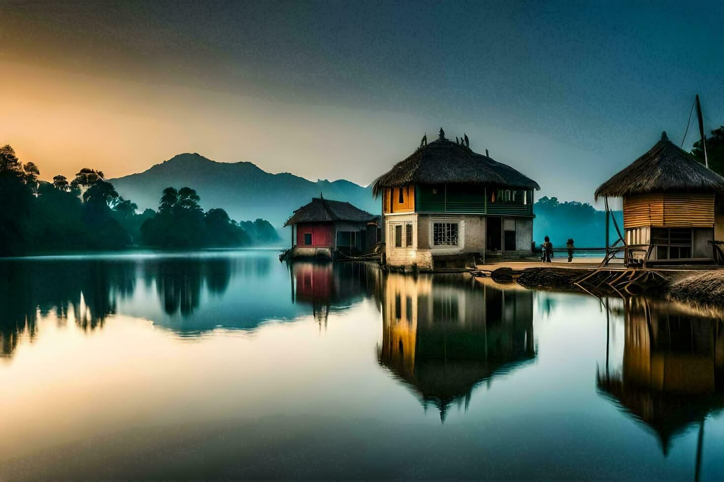 a lake with houses on the shore at sunrise. AI-Generated photo