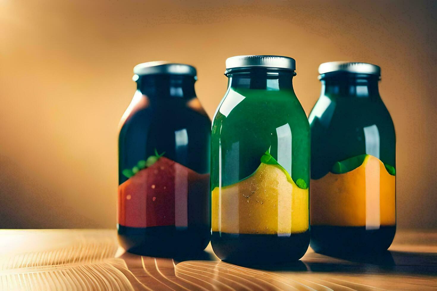 three bottles of juice with different colors. AI-Generated photo