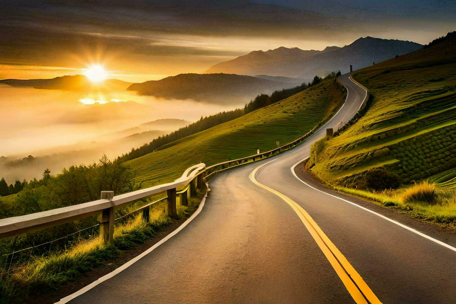 a road with a sunset in the distance. AI-Generated photo