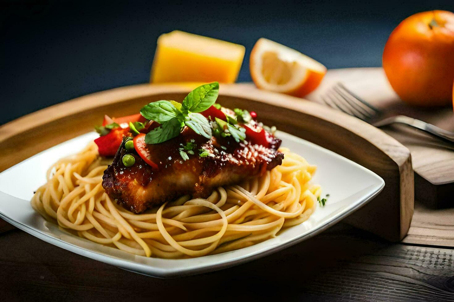a plate of spaghetti with meat and vegetables. AI-Generated photo