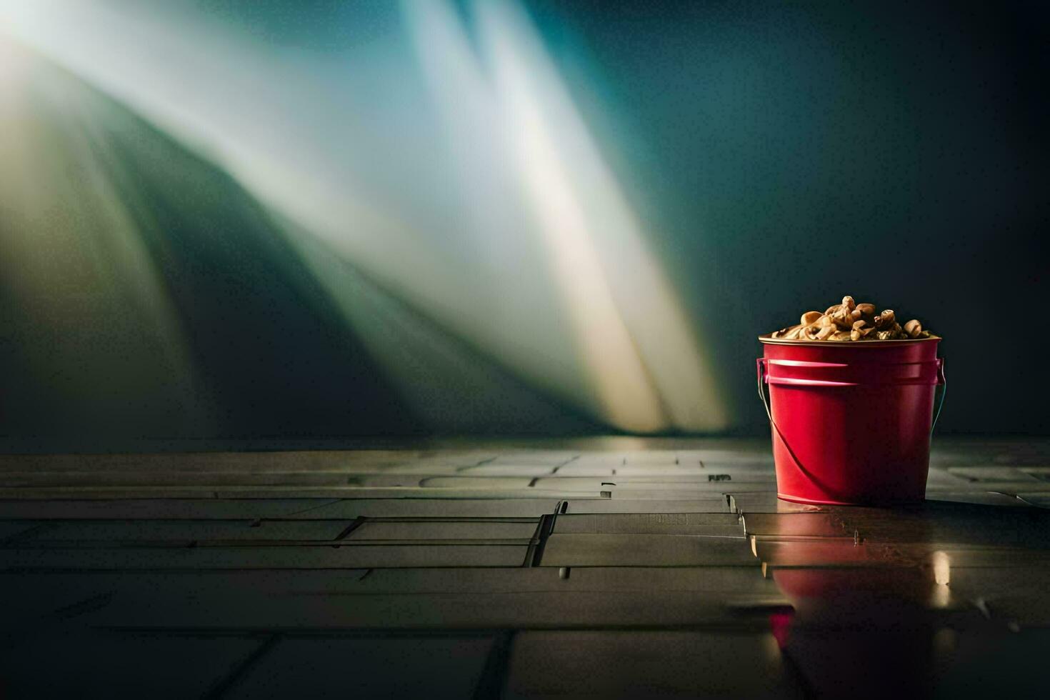 a bucket of popcorn on a dark floor. AI-Generated photo