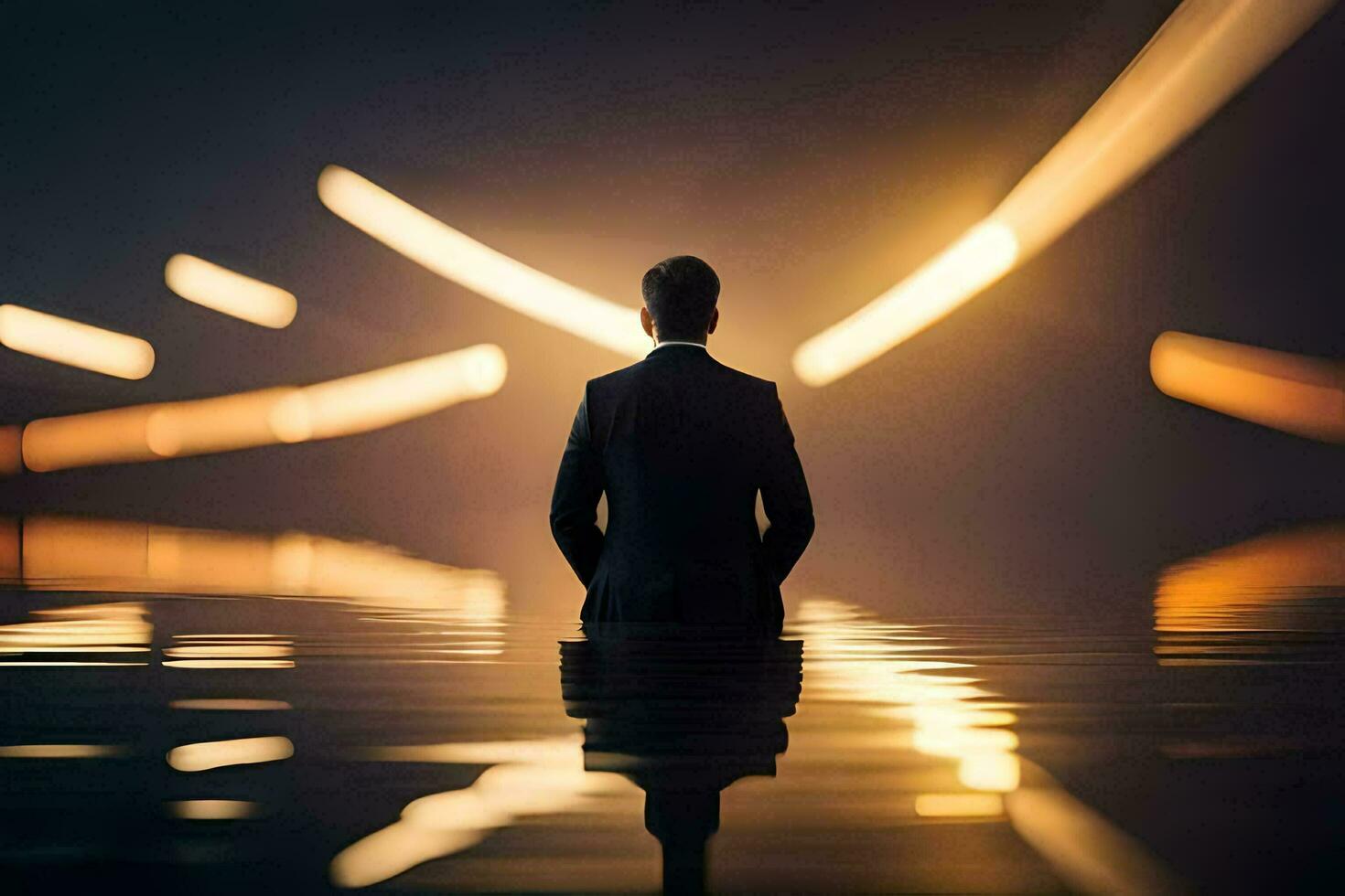 un hombre en un traje soportes en el agua a noche. generado por ai foto