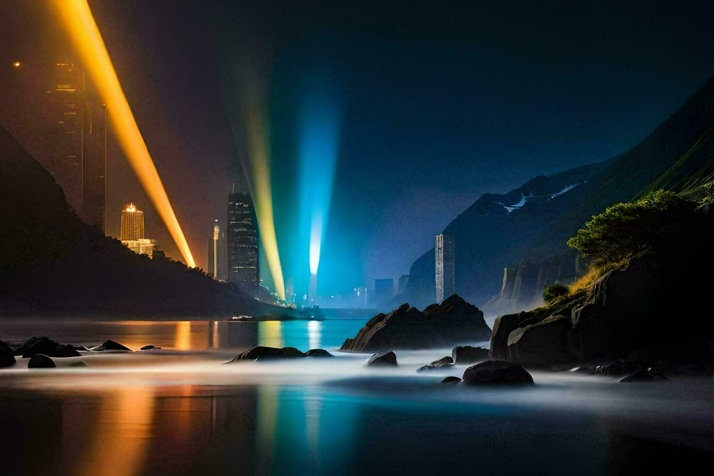 a city at night with colorful lights. AI-Generated photo