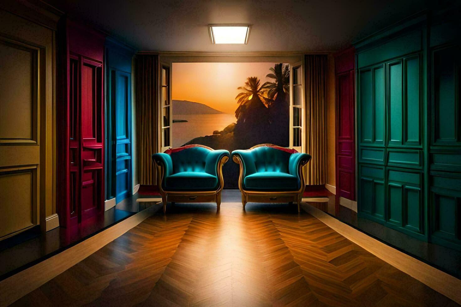 two chairs in a room with a wall painted in bright colors. AI-Generated photo
