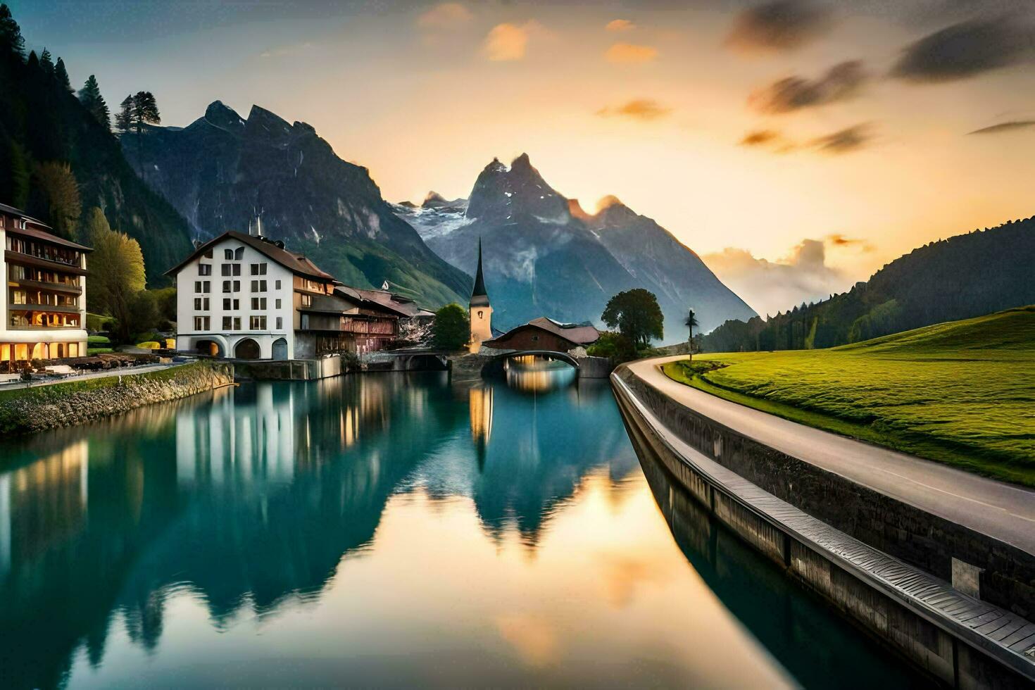 a river runs through a town in the mountains. AI-Generated photo